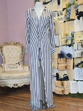 Striped Wrap Longsleeve Maxi Dress from Love Culture MED Grey & White